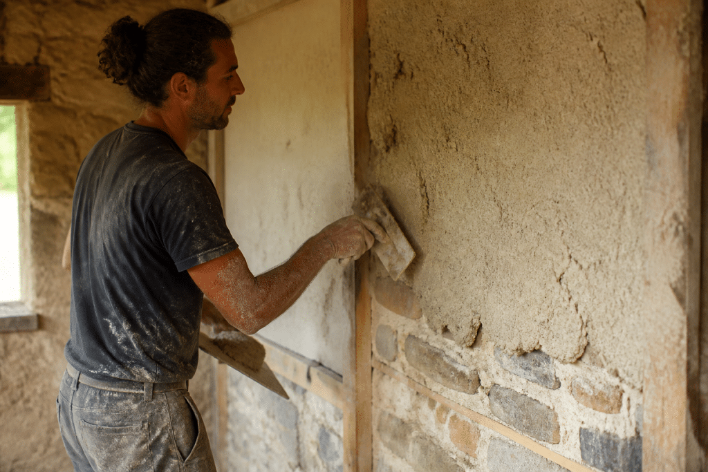 Ouvrier appliquant enduit chaux-chanvre au mur avec truelle