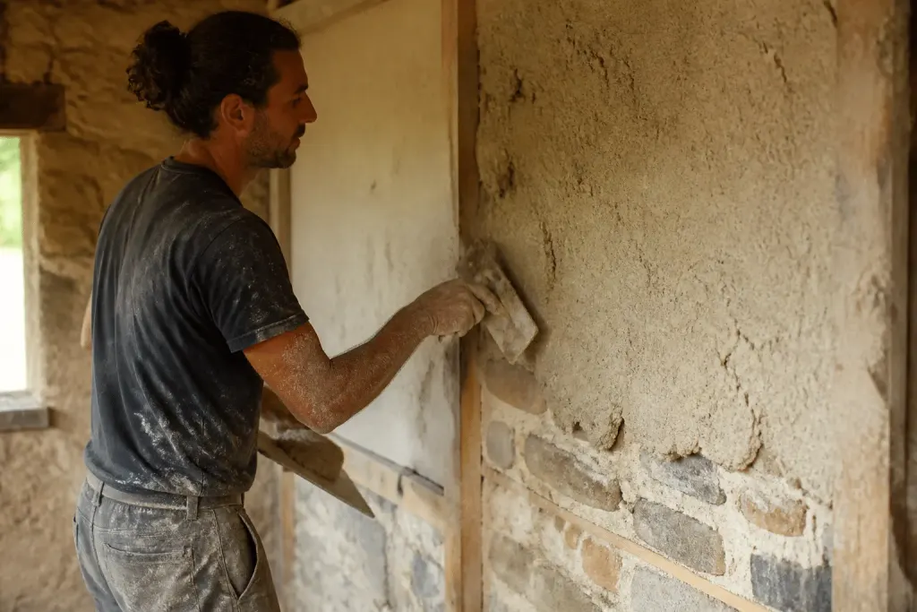 Ouvrier appliquant enduit chaux-chanvre au mur avec truelle