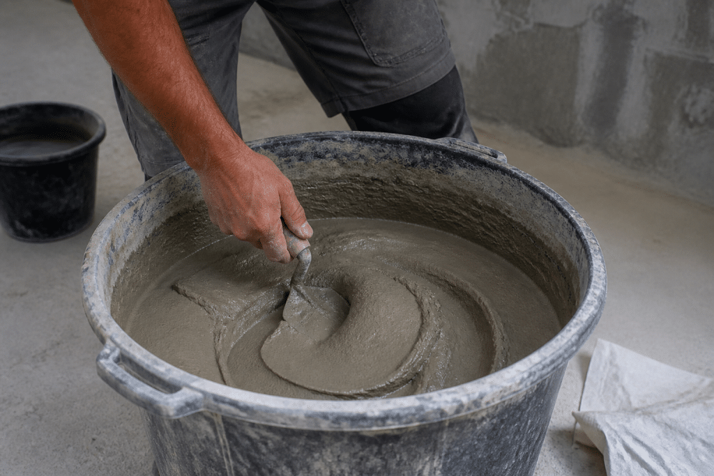Ouvrier mélangeant enduit gris homogène à la truelle