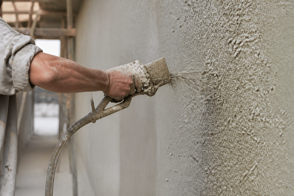 Truelle projetant enduit liquide rugueux sur mur