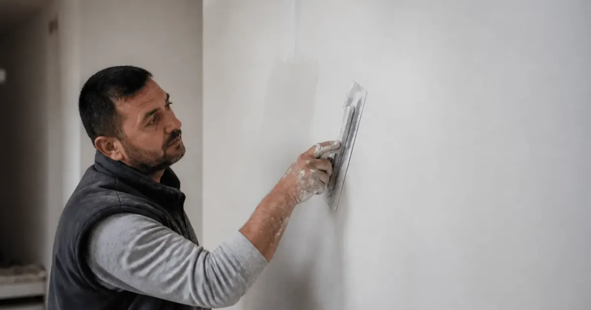 Ouvrier appliquant enduit blanc lisse sur surface murale avec spatule