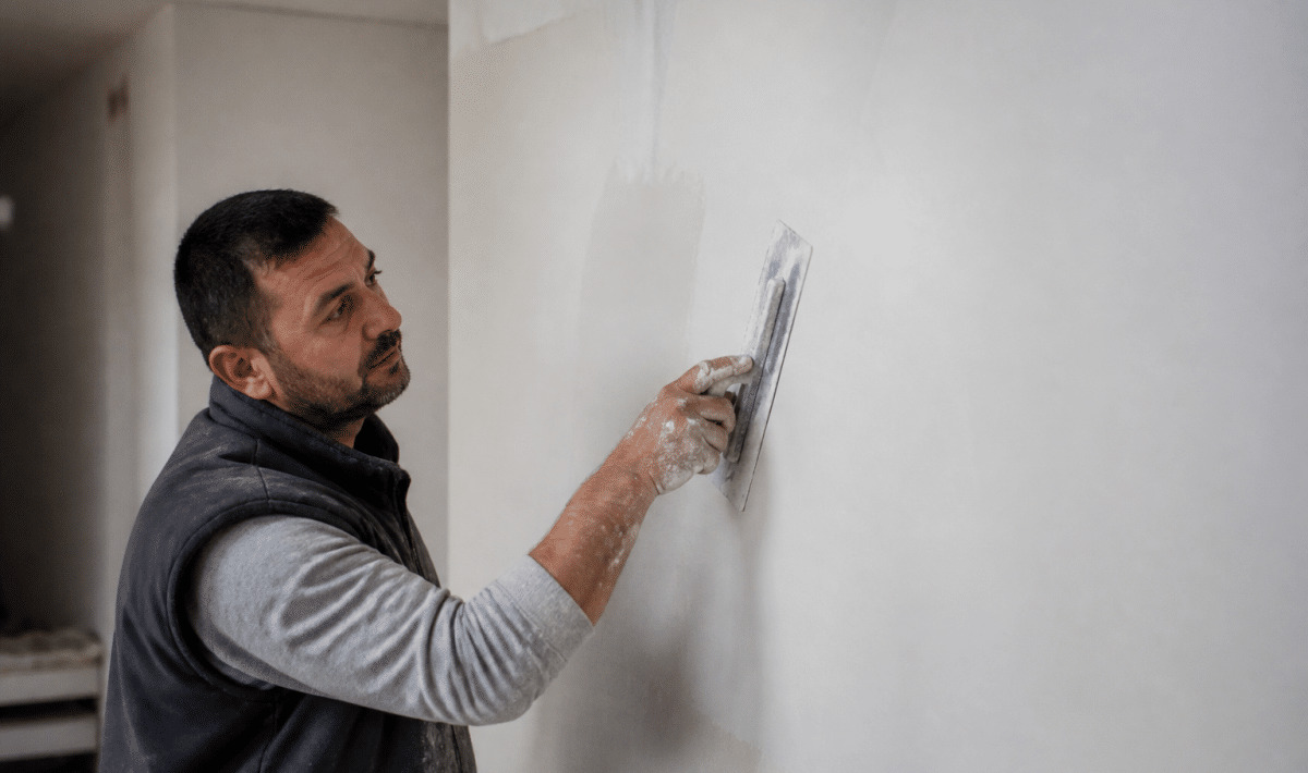 Ouvrier appliquant enduit blanc lisse sur surface murale avec spatule