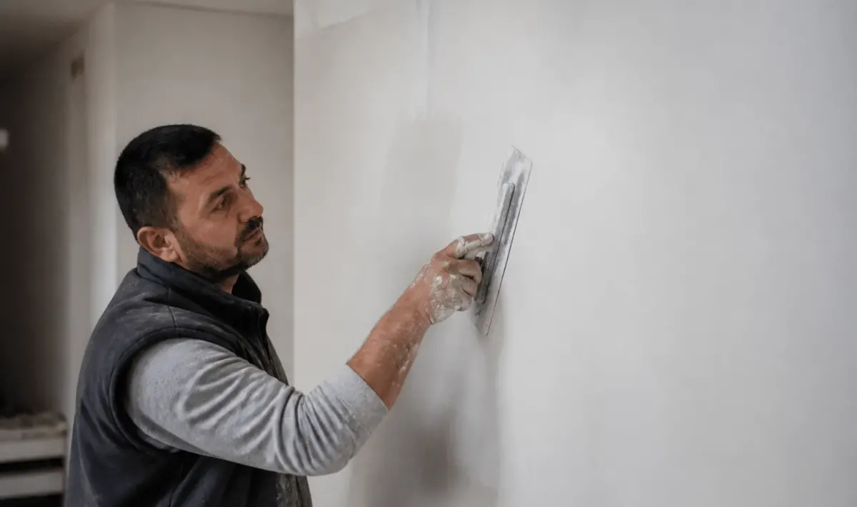 Ouvrier appliquant enduit blanc lisse sur surface murale avec spatule