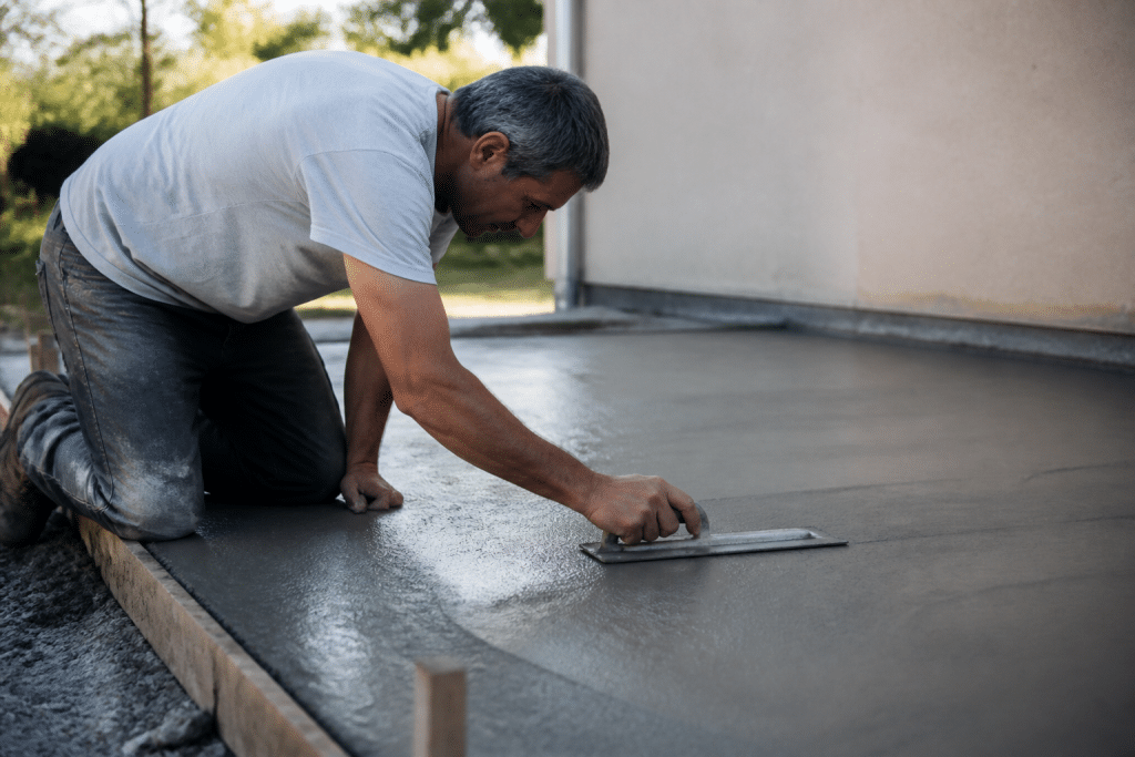 Ouvrier appliquant béton lissé gris sur surface avec truelle