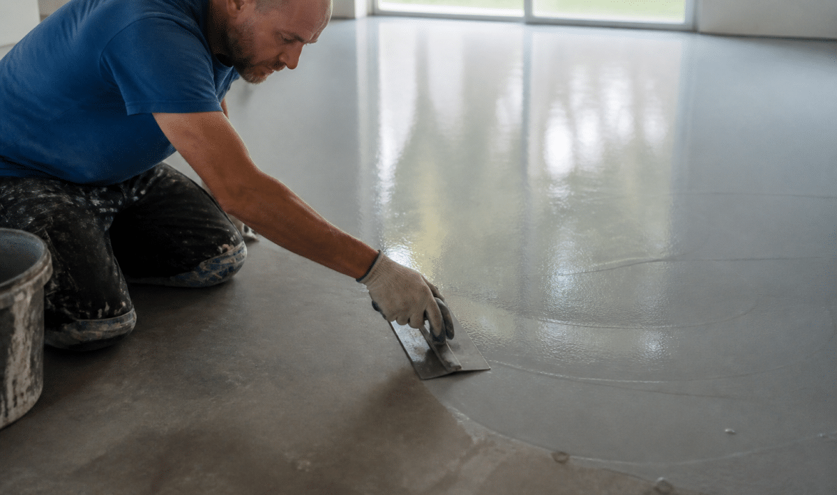 Artisan appliquant resine grise lisse sur sol beton avec spatule