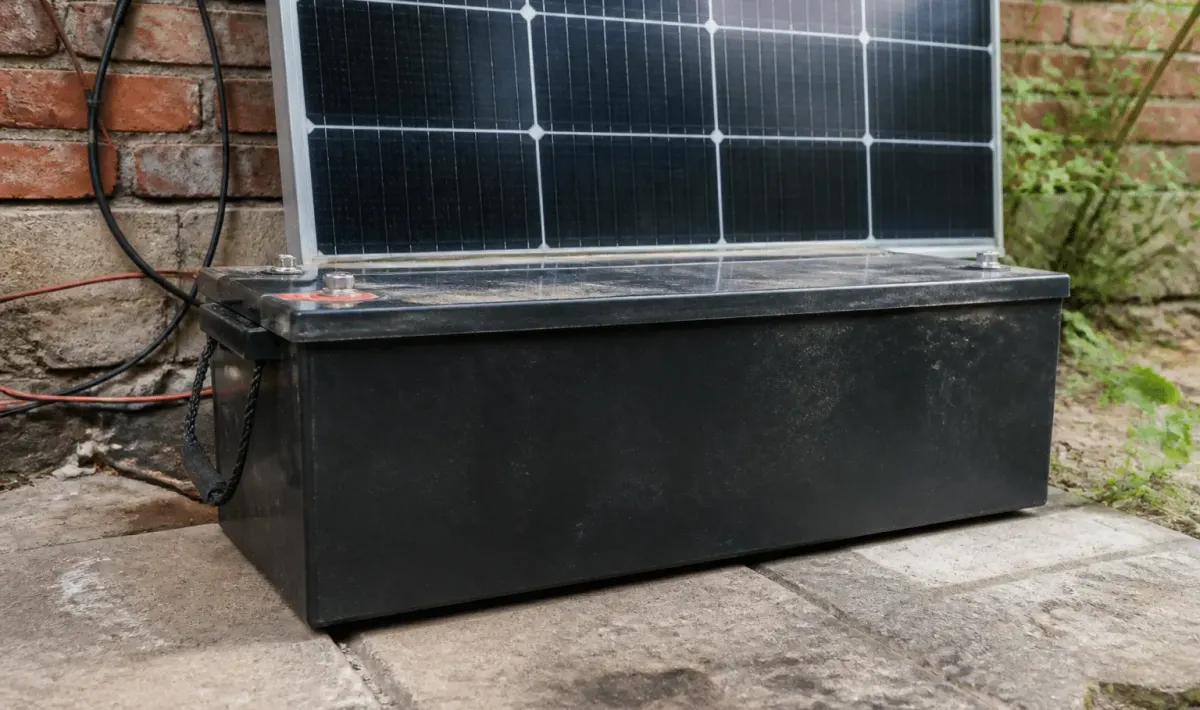 Batterie lithium massive posee horizontalement pres panneau solaire