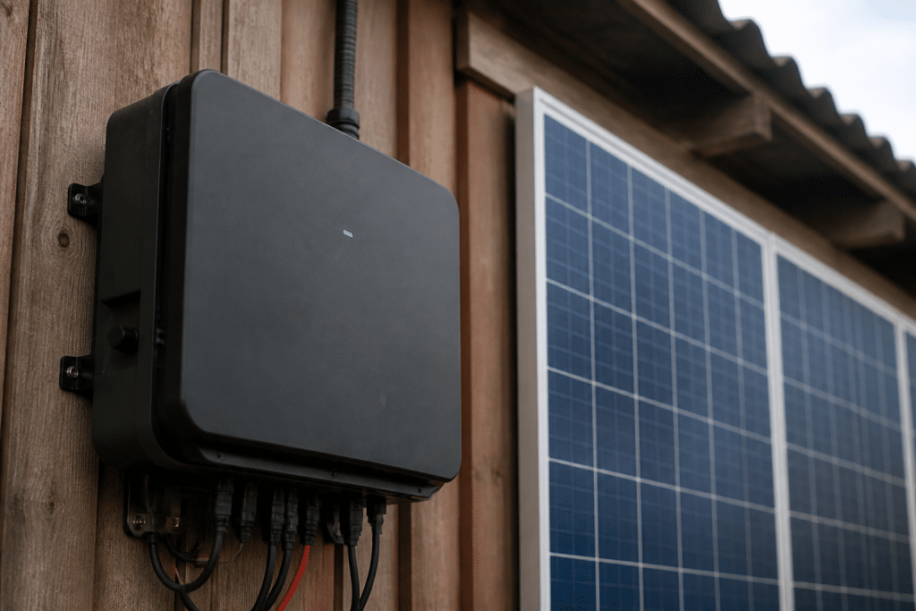 Boitier hybride noir connecte aux panneaux solaires bleus
