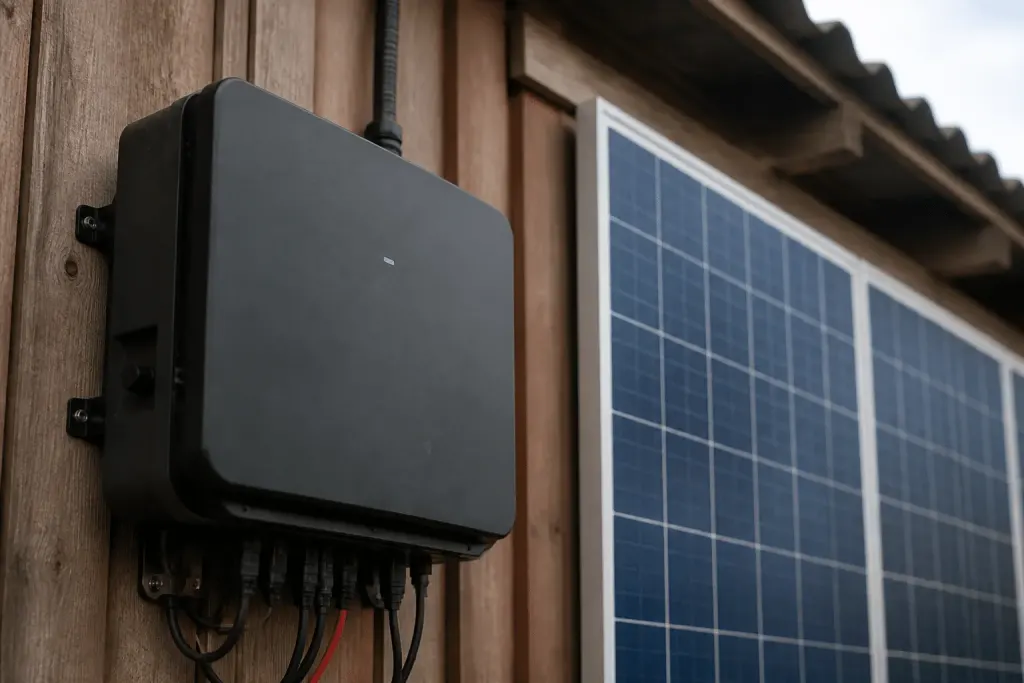 Boitier hybride noir connecte aux panneaux solaires bleus