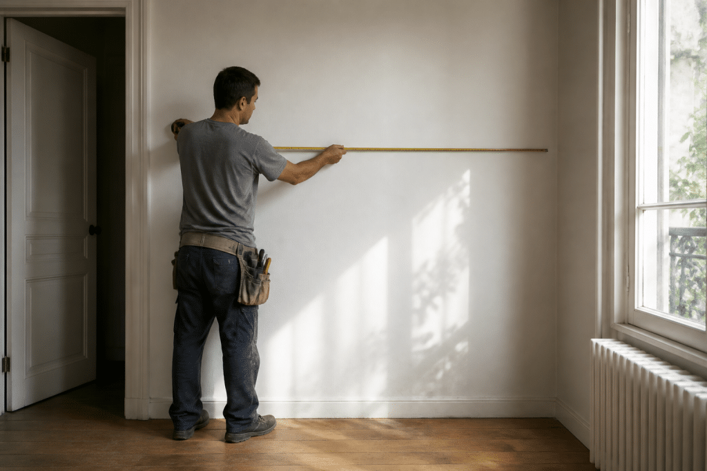 Metre ruban mesurant mur blanc avec porte et fenetre visibles