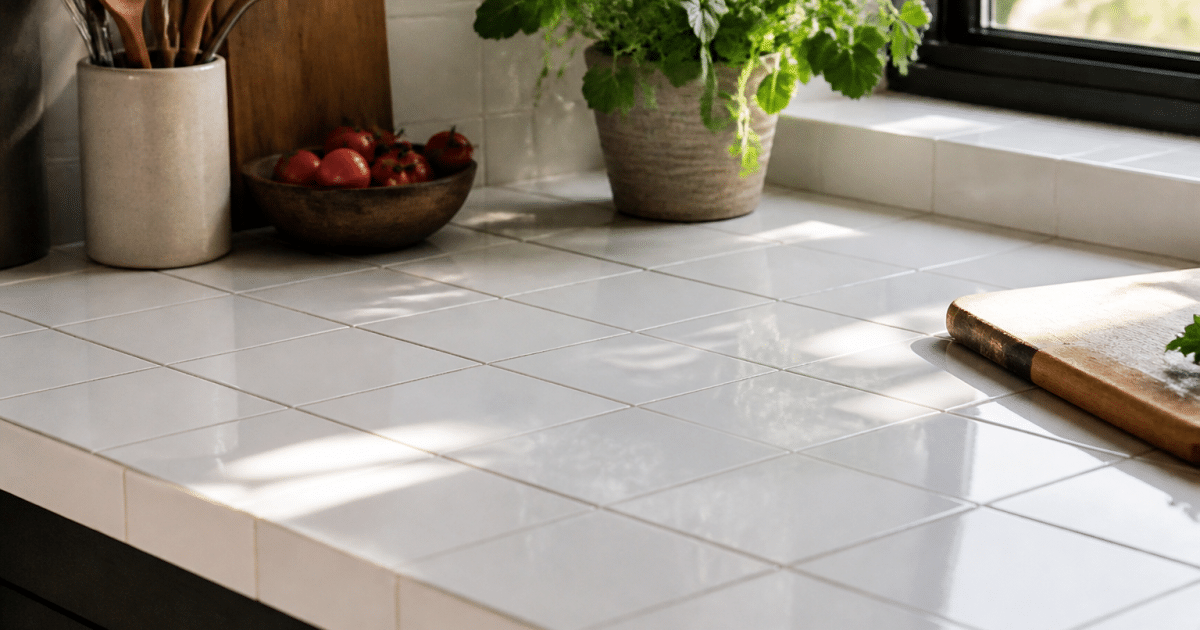 Carreaux brillants blancs recouvrant surface plan travail cuisine