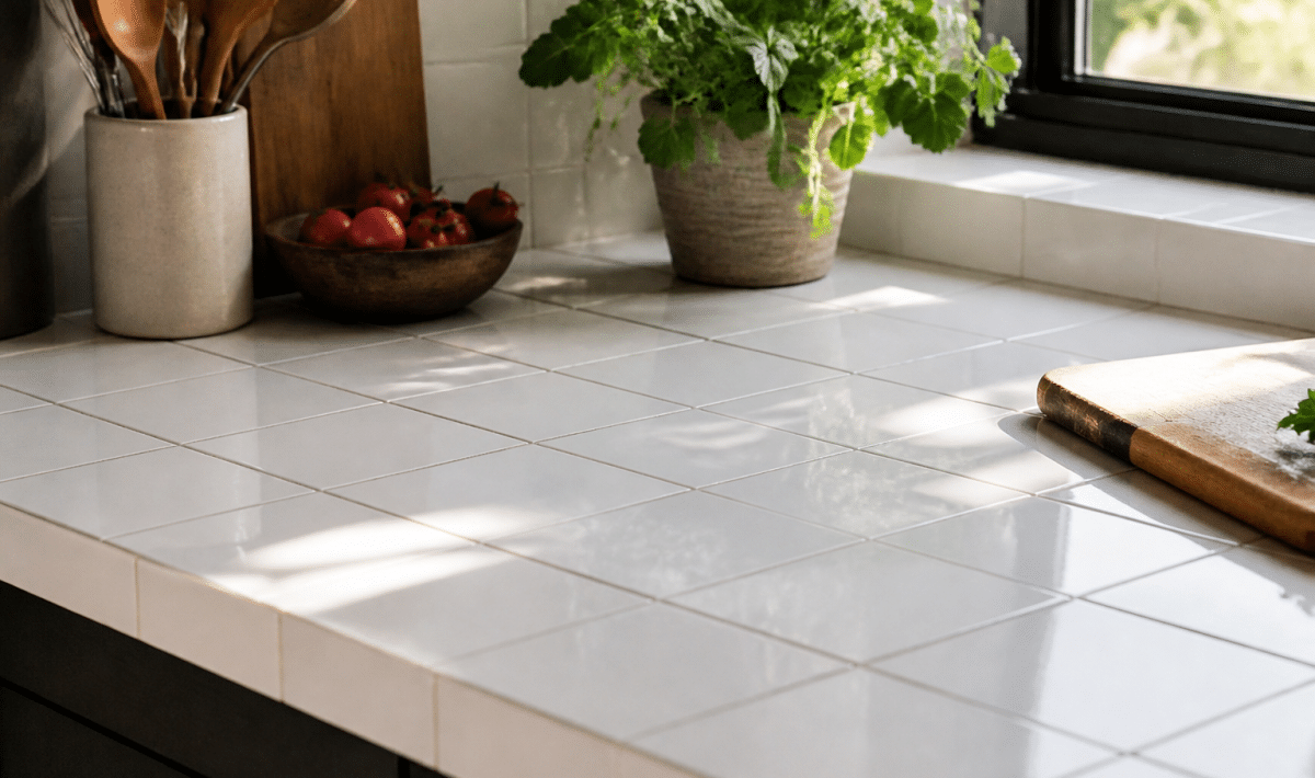 Carreaux brillants blancs recouvrant surface plan travail cuisine