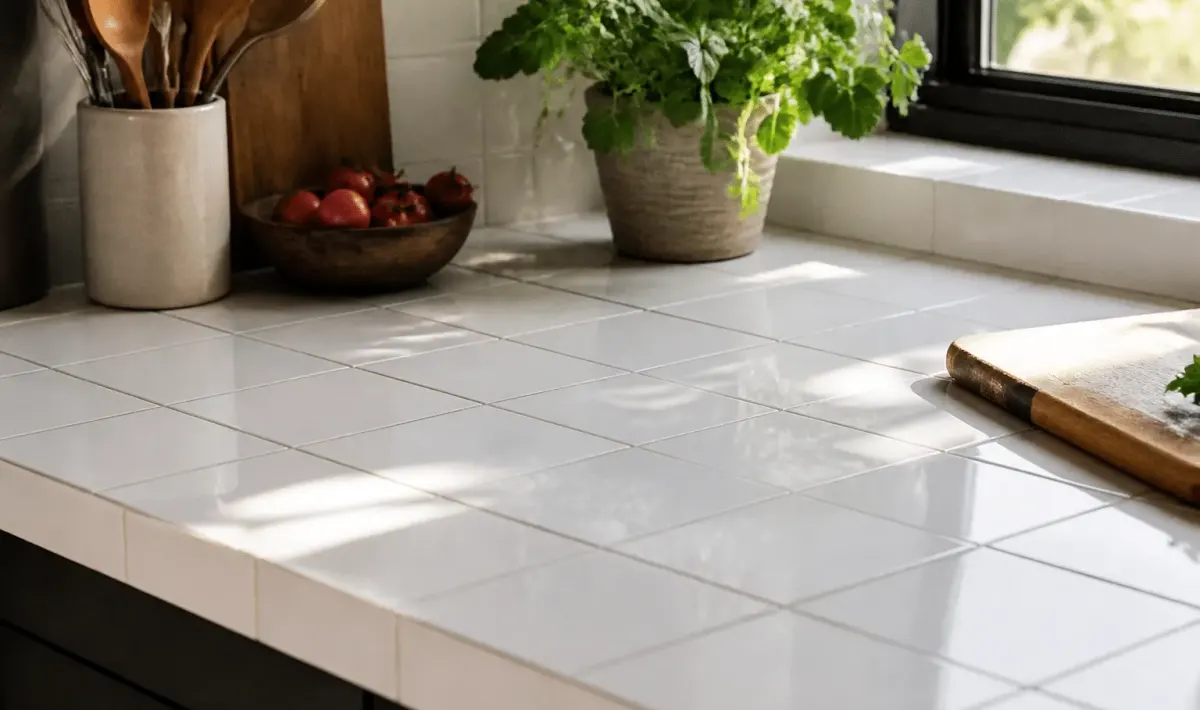 Carreaux brillants blancs recouvrant surface plan travail cuisine