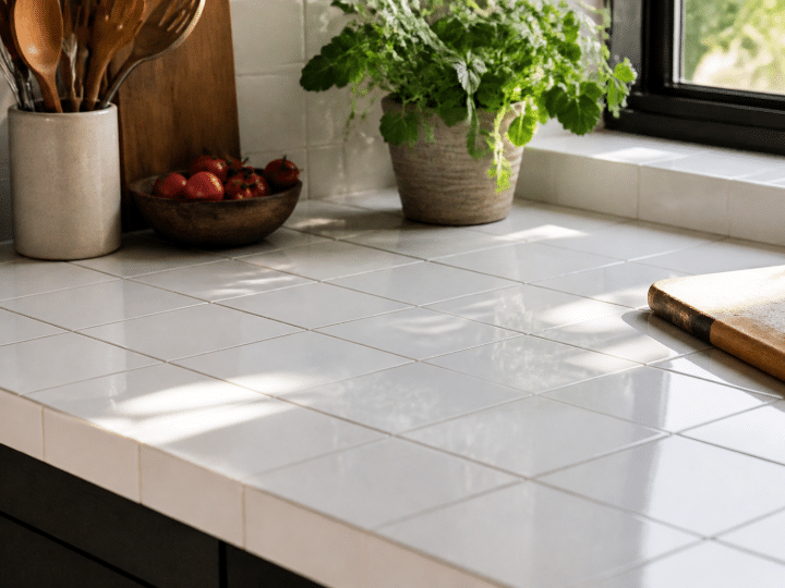 Carreaux brillants blancs recouvrant surface plan travail cuisine