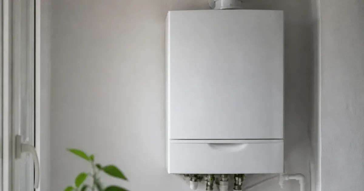 Chaudiere gaz blanche fixee au mur blanc