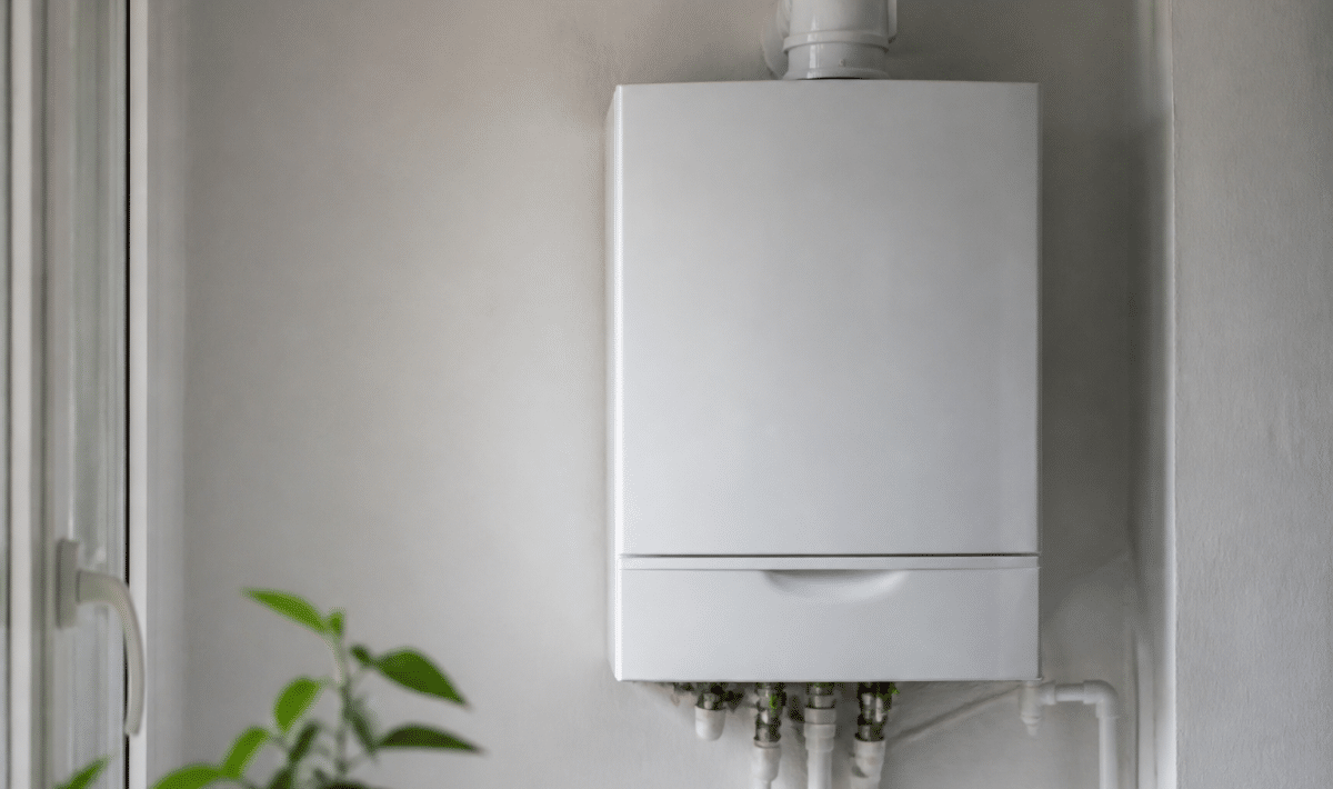Chaudiere gaz blanche fixee au mur blanc