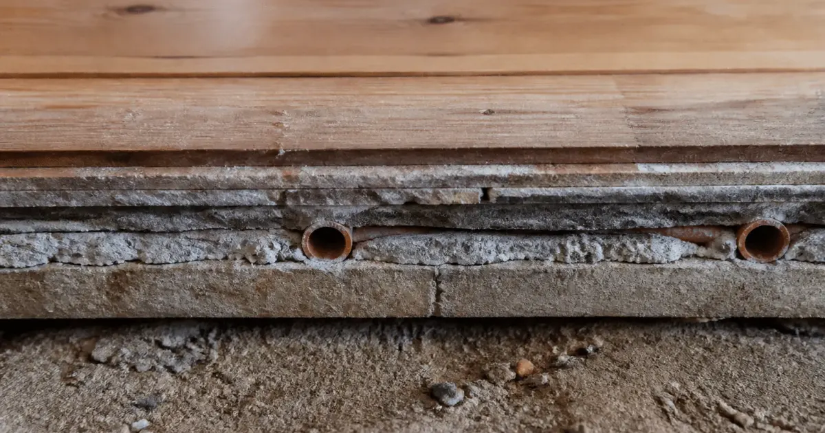 Coupe transversale sol avec tuyaux chauffage sous plancher bois
