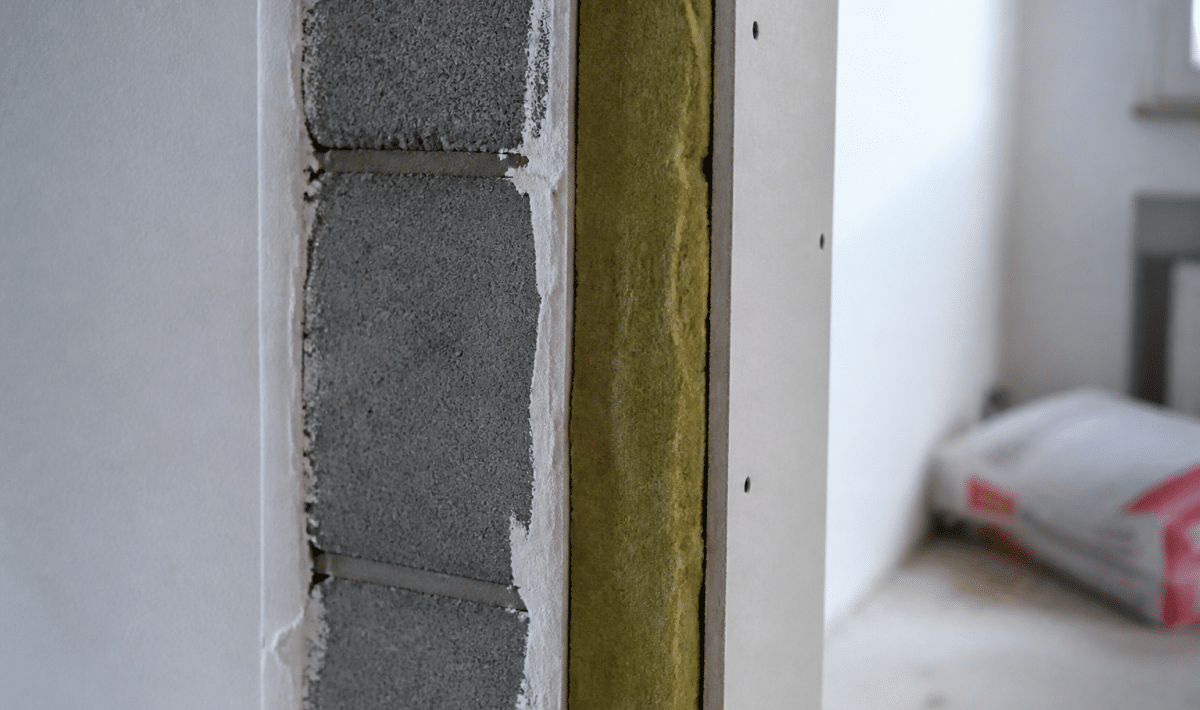 Coupe transversale mur montrant parpaing isolation placo superposés
