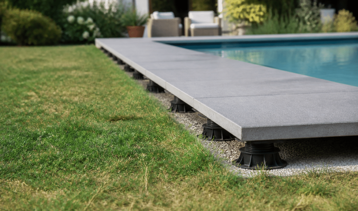 Dalle beton posee sur plots supports piscine sans rebord