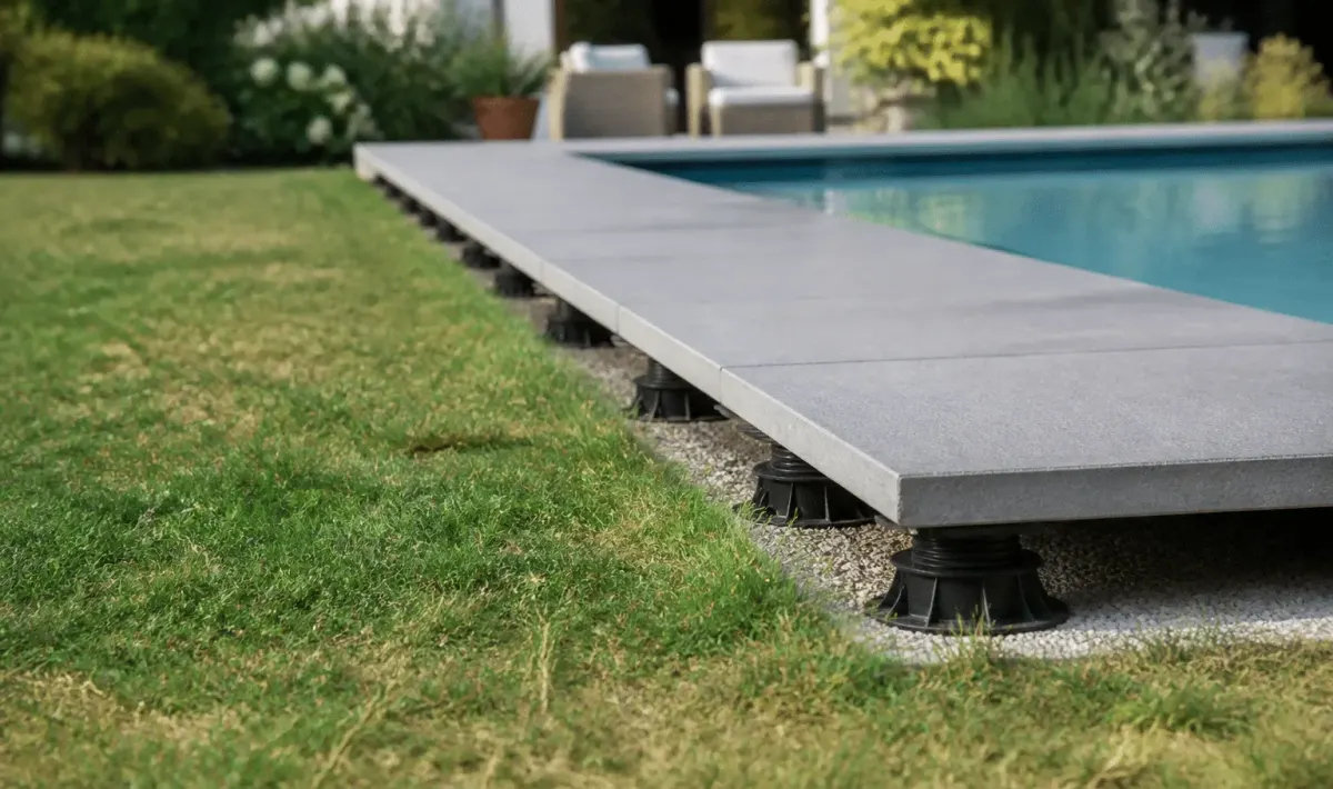 Dalle beton posee sur plots supports piscine sans rebord