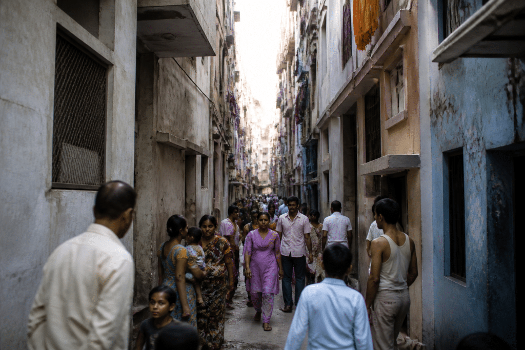 Immeubles resserres avec rues etroites et habitants nombreux visibles