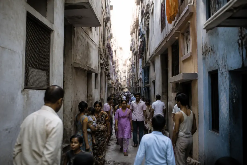 Immeubles resserres avec rues etroites et habitants nombreux visibles