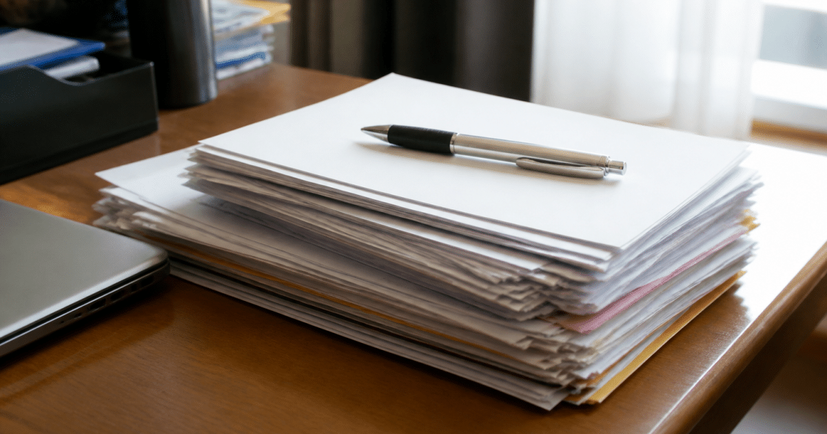 Documents administratifs empiles sur bureau avec stylo pose dessus