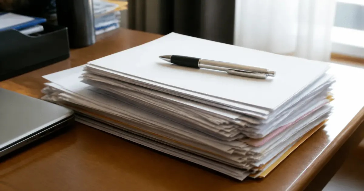 Documents administratifs empiles sur bureau avec stylo pose dessus