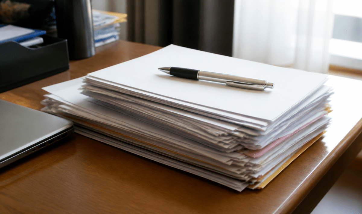 Documents administratifs empiles sur bureau avec stylo pose dessus