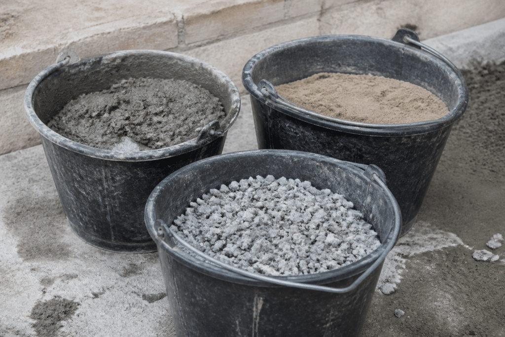 Seaux plastique remplis de ciment, sable et gravier gris