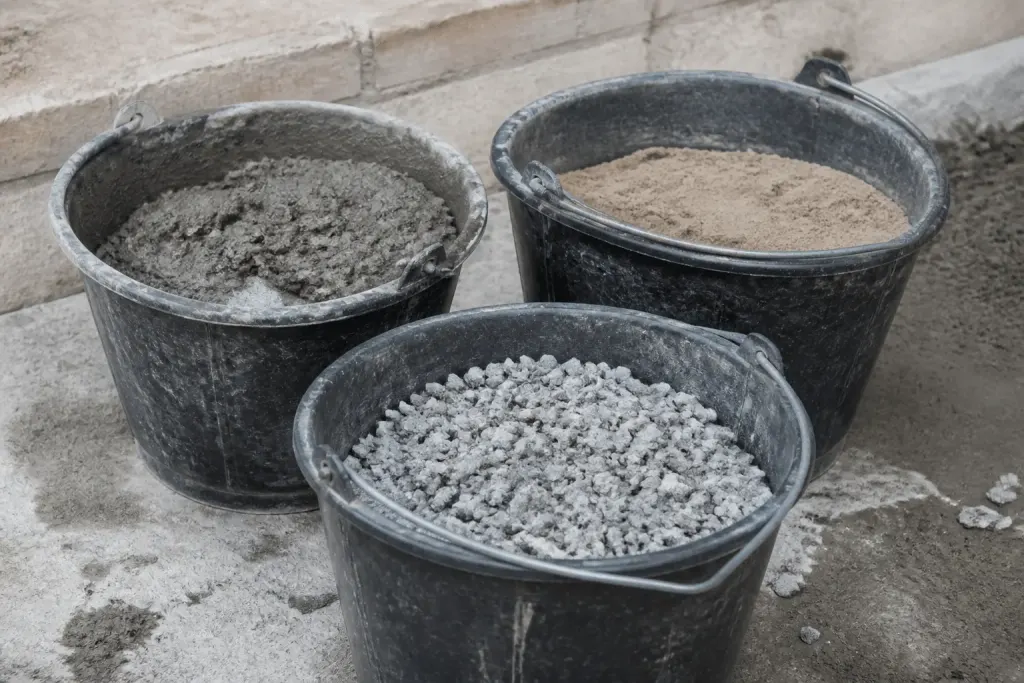 Seaux plastique remplis de ciment, sable et gravier gris