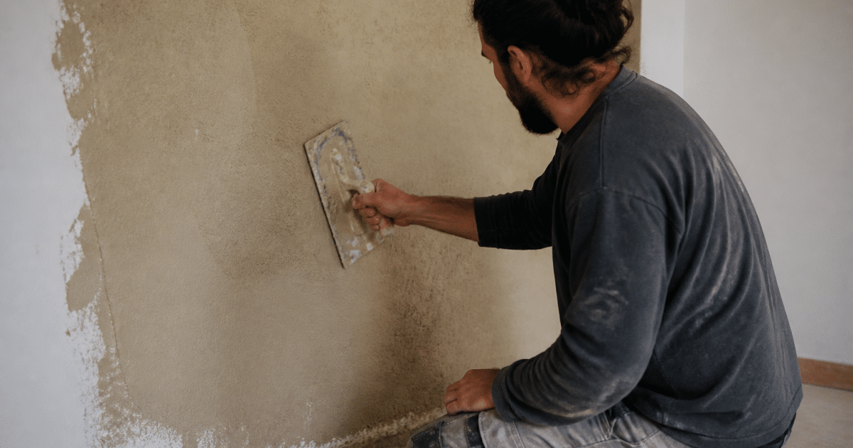 Applicateur étale enduit chanvre beige sur mur intérieur