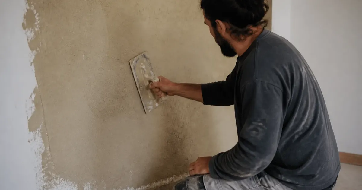 Applicateur étale enduit chanvre beige sur mur intérieur