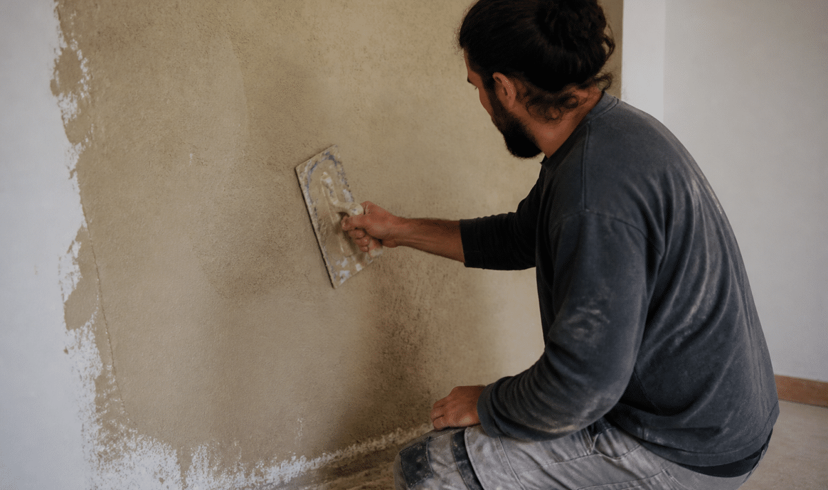 Applicateur étale enduit chanvre beige sur mur intérieur