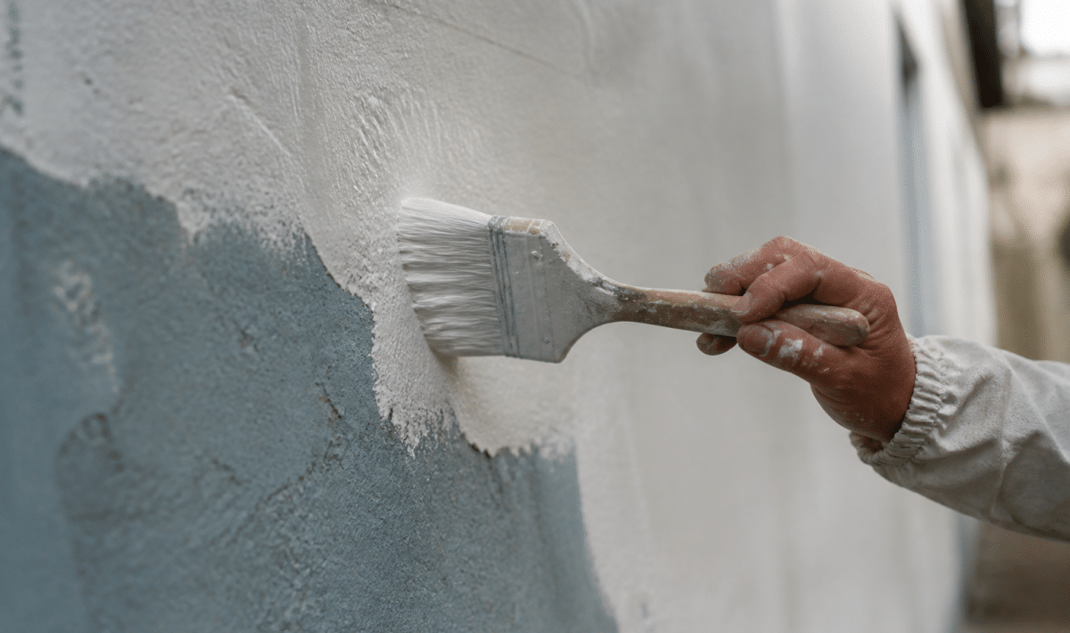 Pinceau appliquant enduit blanc sur mur vertical peint