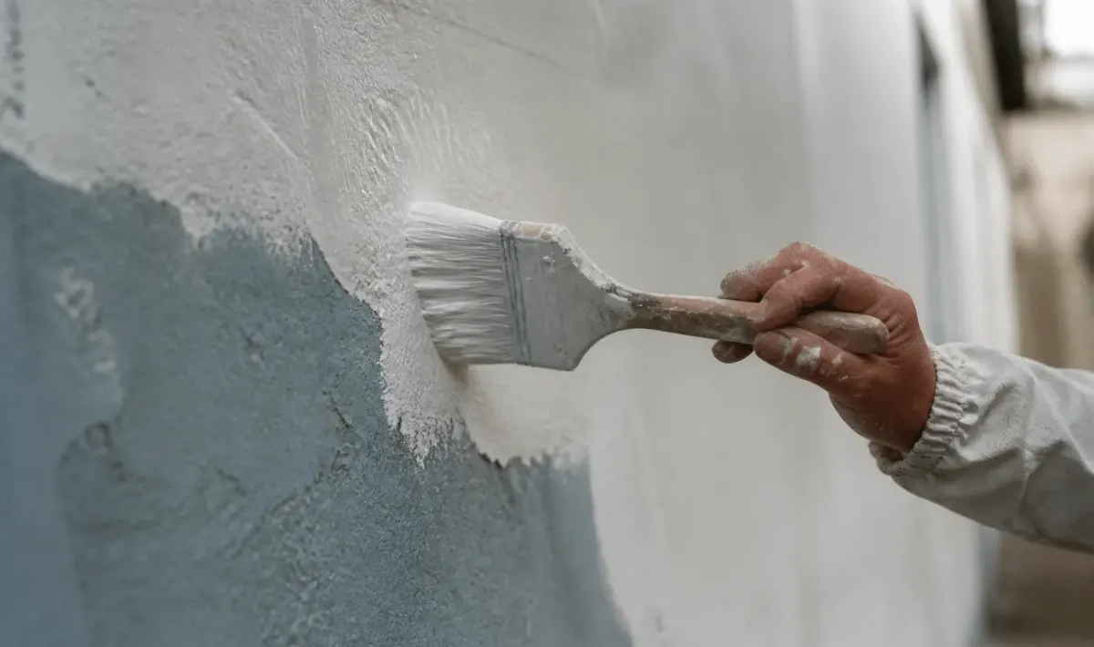 Pinceau appliquant enduit blanc sur mur vertical peint