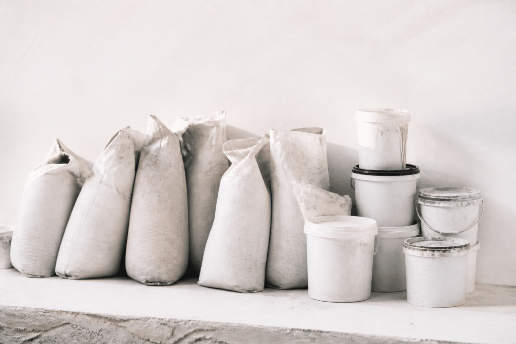 Sacs d'enduit et pots de peinture alignes sur surface blanche
