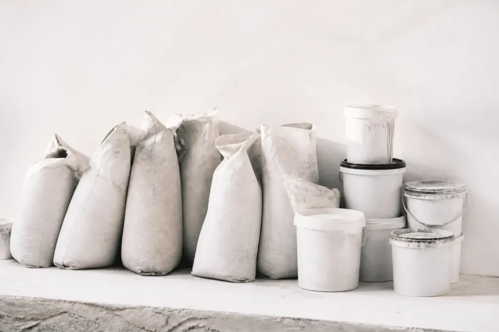 Sacs d'enduit et pots de peinture alignes sur surface blanche