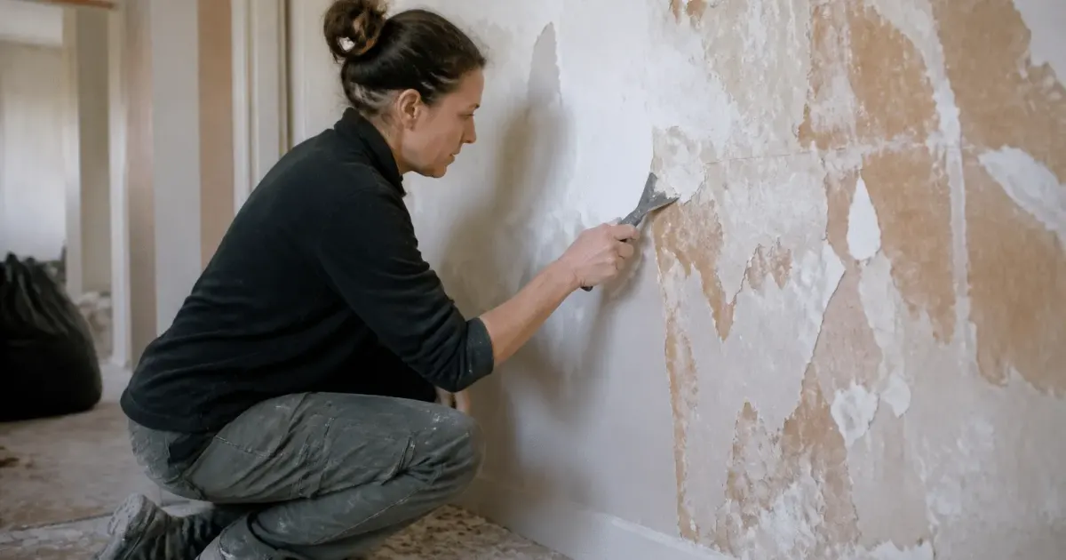 Personne grattant mur avec outil pendant remodelage interieur