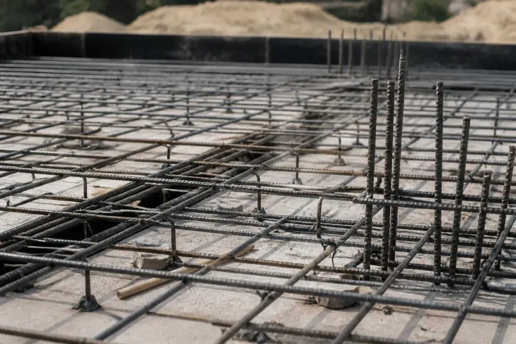 Ferraillage métallique visible sur dalle béton en construction