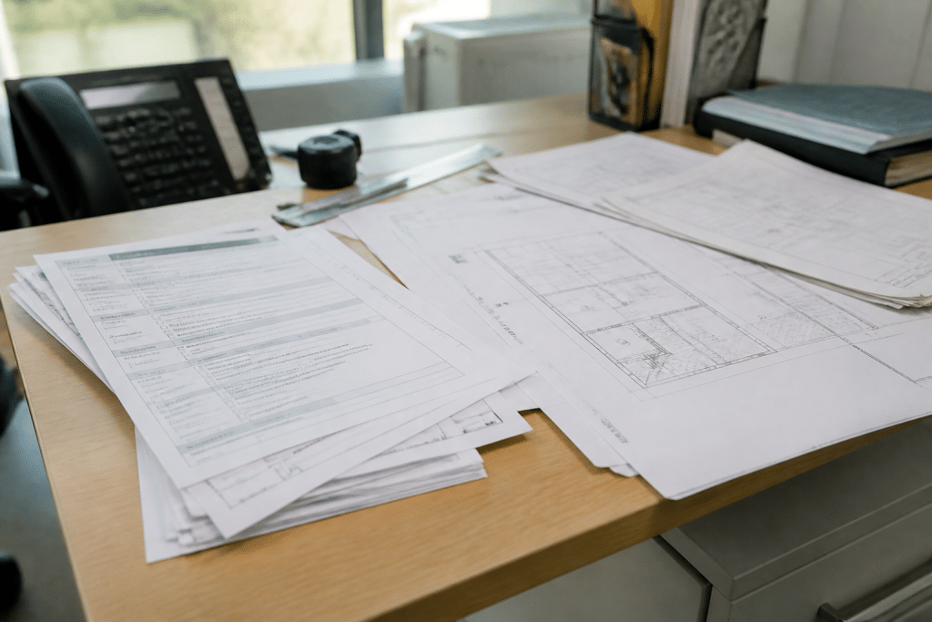 Formulaires Cerfa et plans architecturaux sur bureau administrative