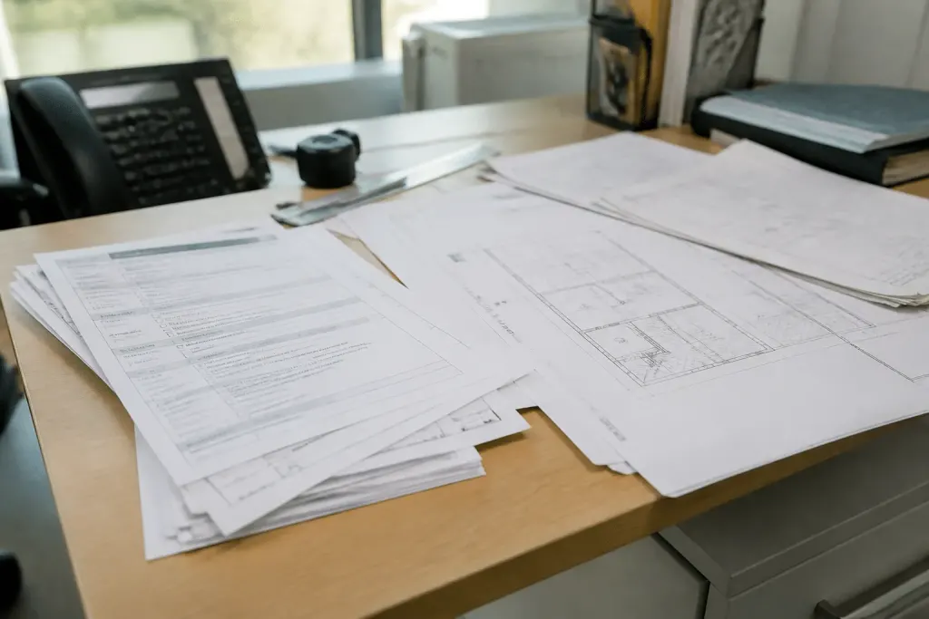 Formulaires Cerfa et plans architecturaux sur bureau administrative