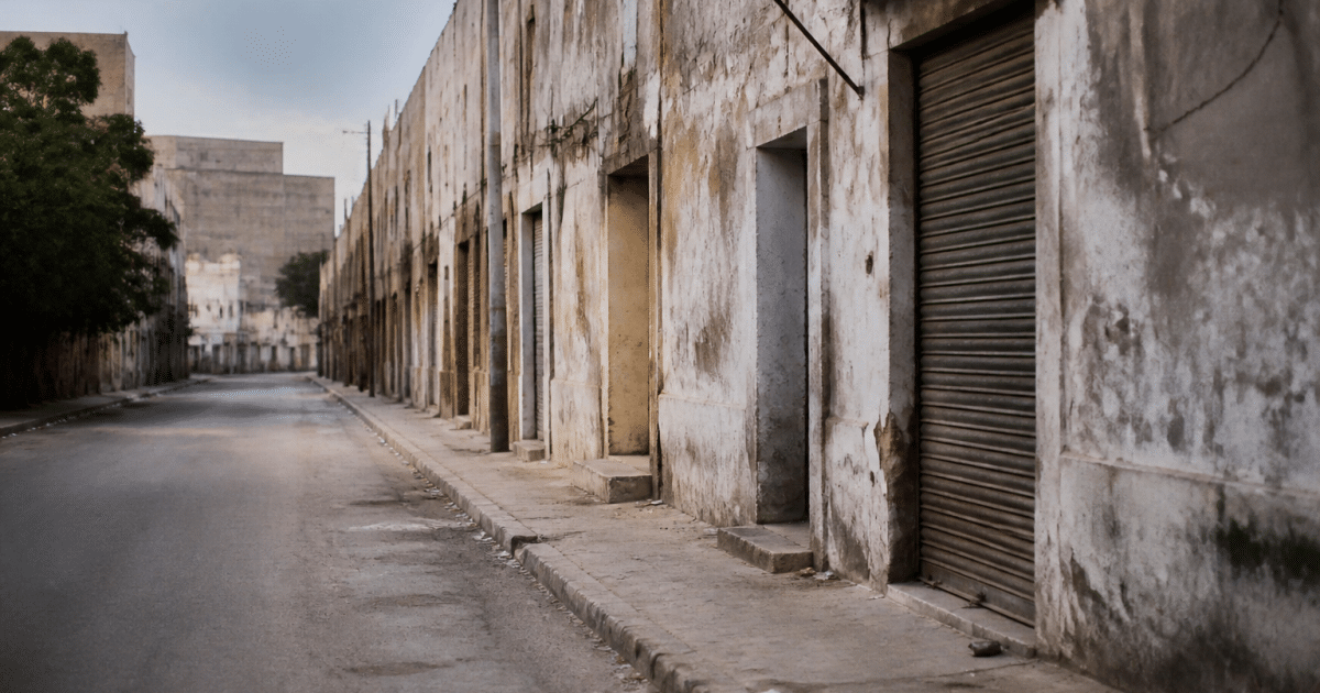 Rues desertes avec immeubles degrades et graffitis visibles