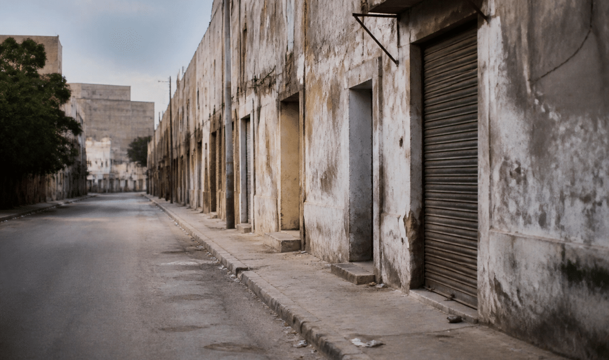 Rues desertes avec immeubles degrades et graffitis visibles