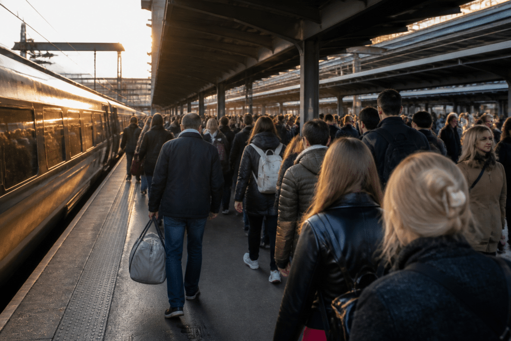Gare ferroviaire avec voyageurs et quais bondés en fin journee