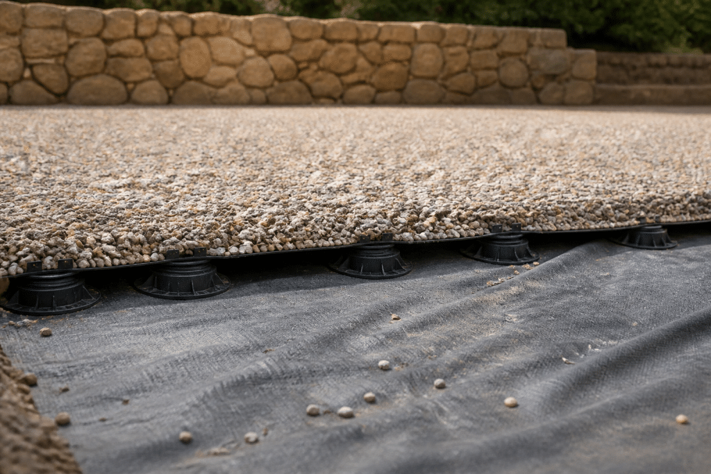 Gravillon compacté sur géotextile avec plots réglables