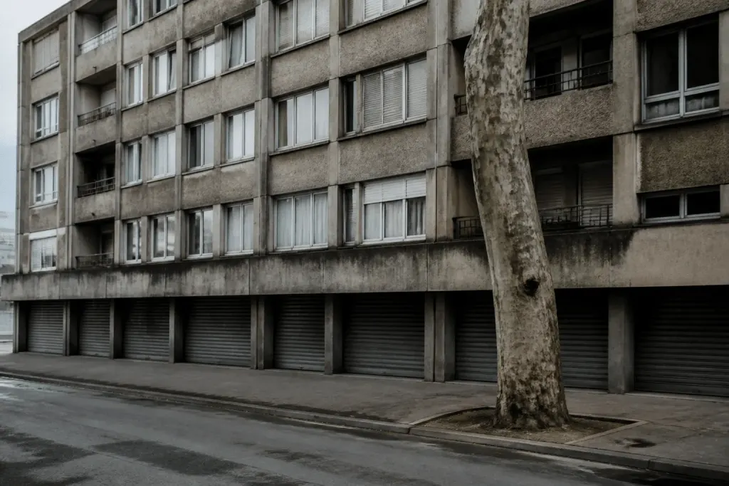 Immeubles résidentiels gris avec commerces fermés visibles