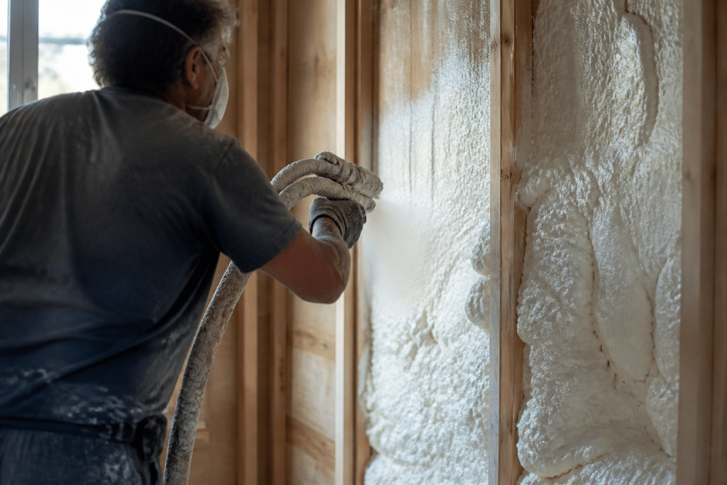 Ouvrier appliquant isolant mousse blanche mur intérieur maison