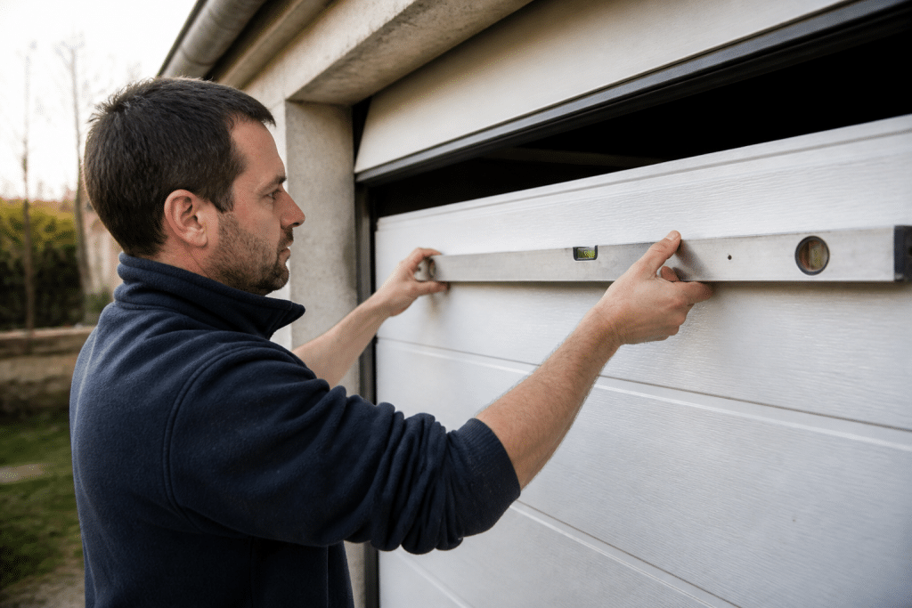 Personne mesurant panneau porte garage avec niveau metallique