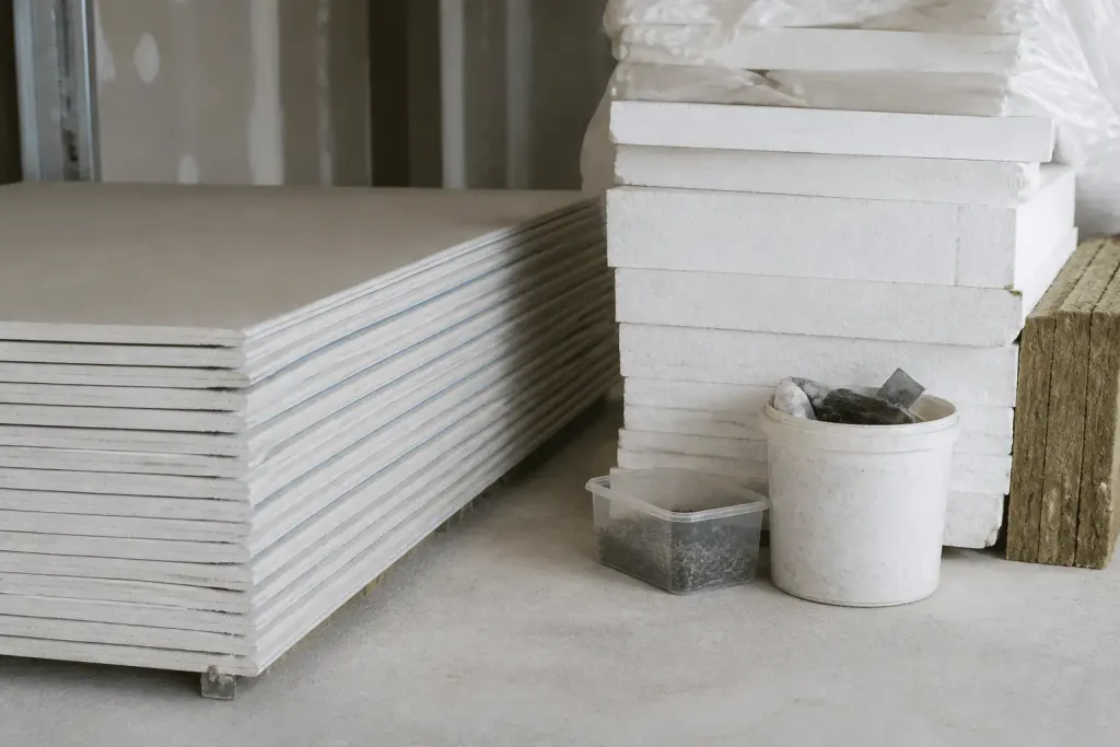 Materiaux construction empiles plaques blanches isolant vis enduit