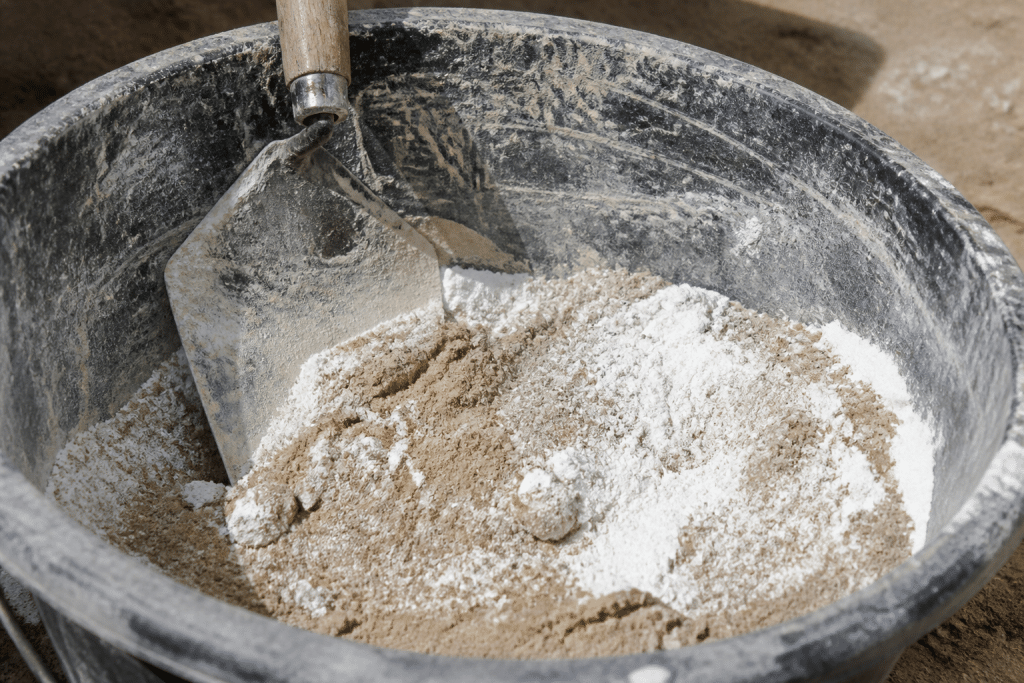 Mélange de chaux blanche et sable beige dans récipient